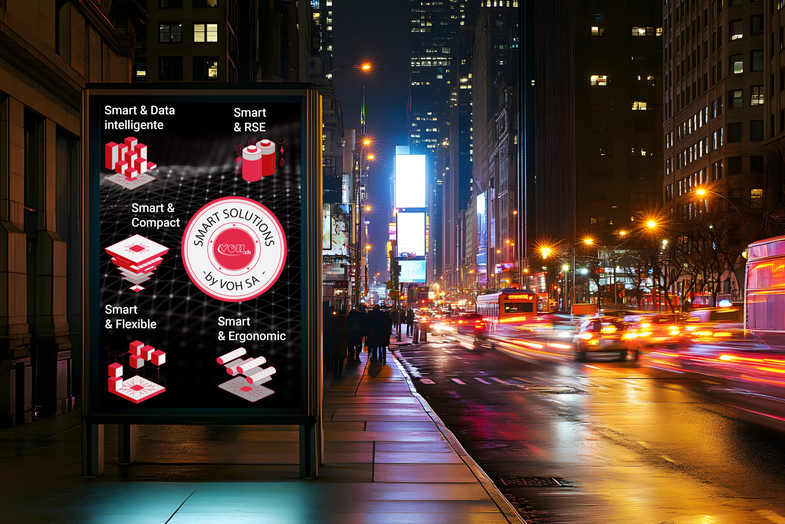 Blank billboard, city street, night, Times Square, advertising